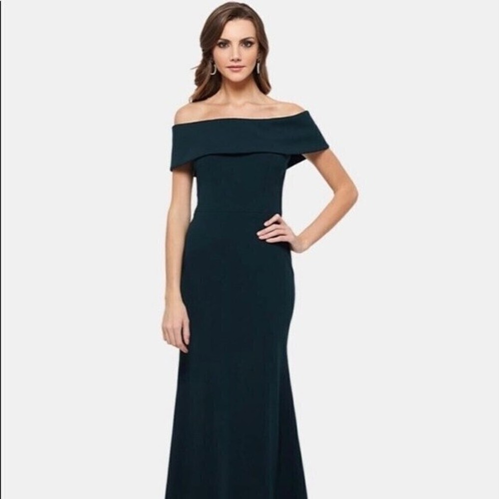 Betsy & Adam Maxi Dress Womens 6 Pine Ruffled Back Off Shoulder Gown Formal